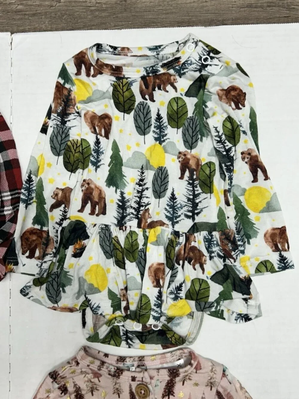 Posh Peanut 3-6 Months Lot Of Two One Piece LS + 2 Pc Set Bamboo Wildlife Plaid